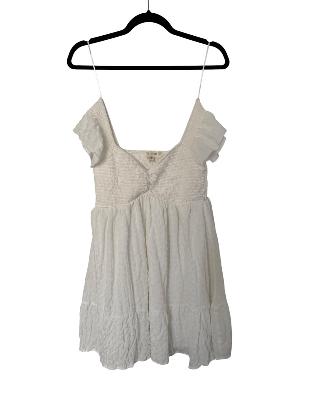 Thirty Thirty LA White Smocked Ruffle-Sleeve Womenโs Mini White Dress